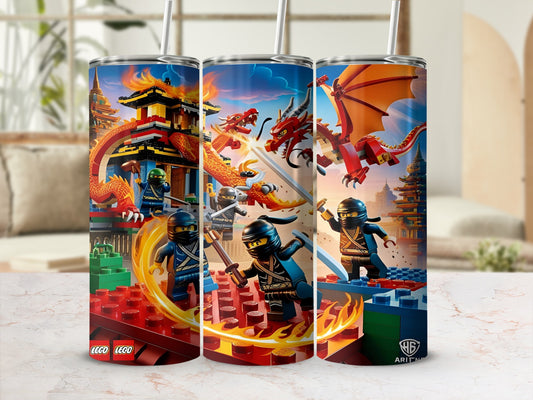 LEGO Ninjago characters and dragon fighting in front of a temple on a tumbler.