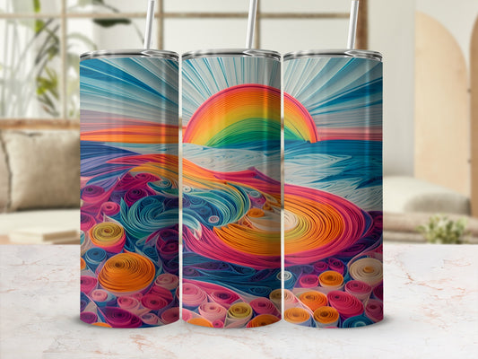Three tumblers with a colorful sunset over a swirling abstract landscape design.