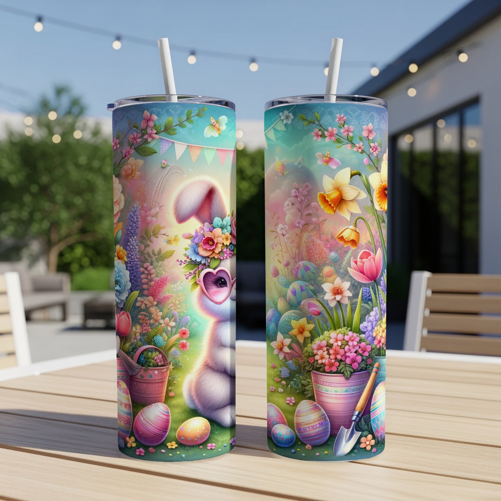 Easter bunny with sunglasses, flowers, eggs, and watering can on a tumbler.