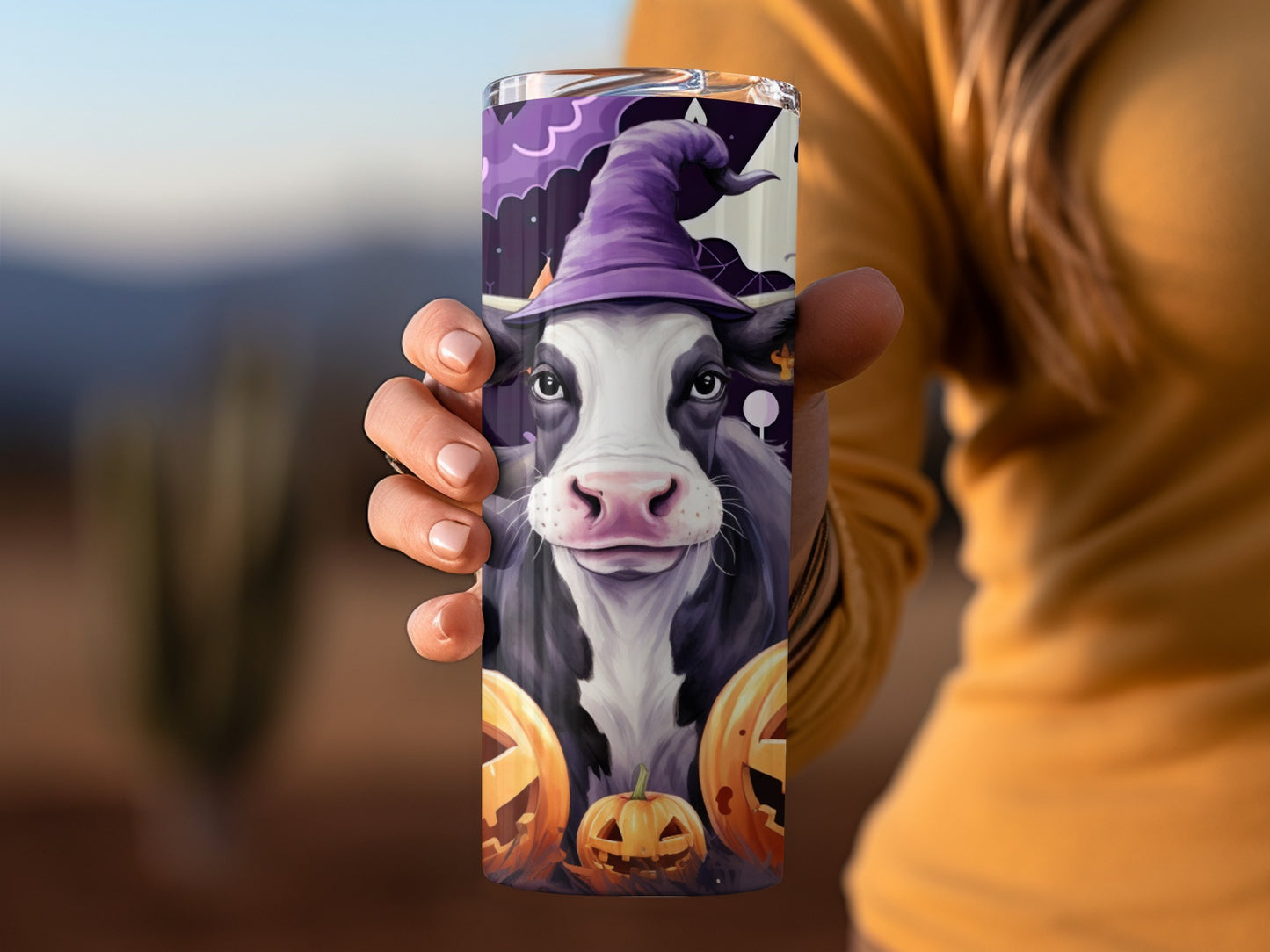 Halloween Witch Cow with Pumpkins Tumbler Cup Product