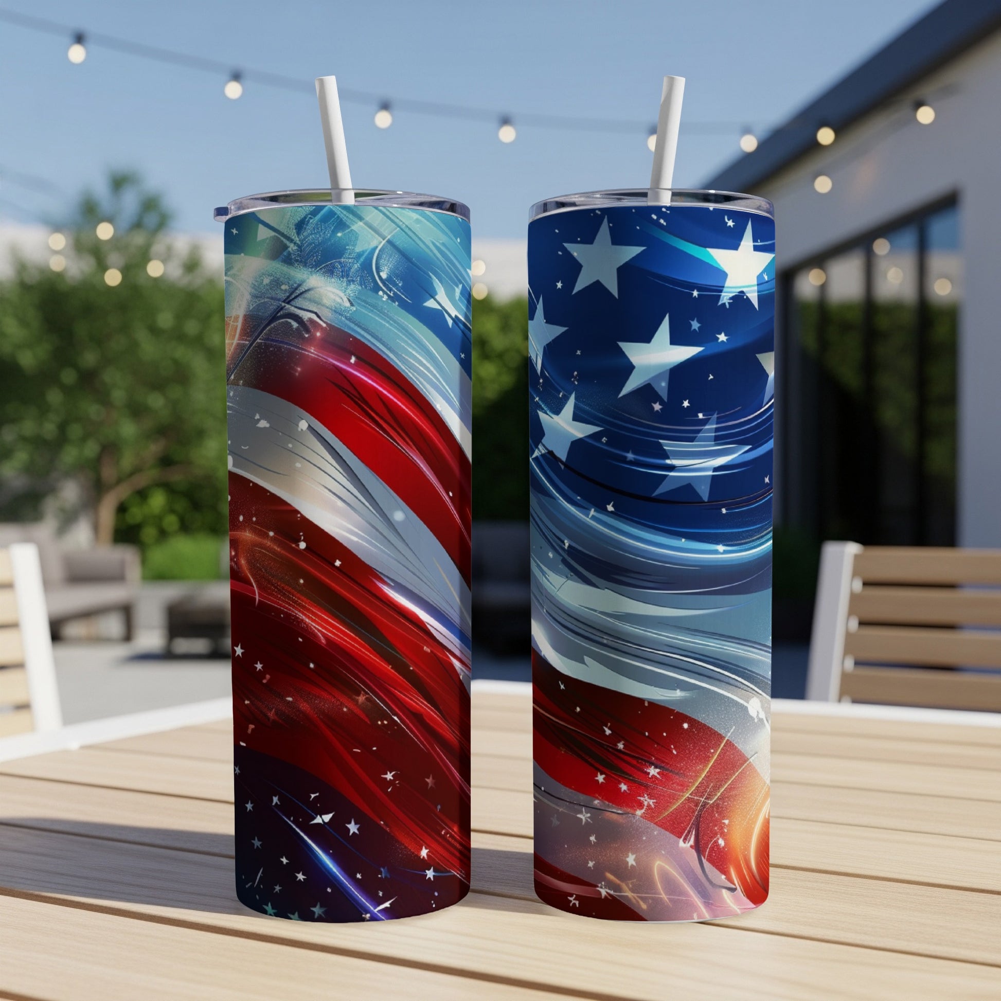 Two tumblers with American flag and star patriotic design.