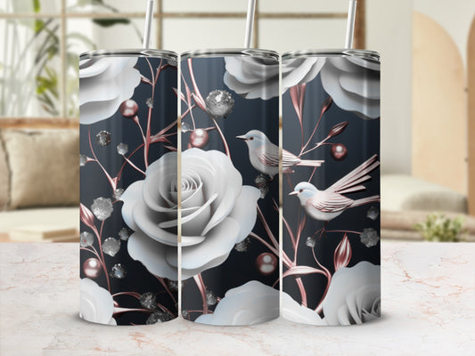 White roses and birds on a dark background with rose gold accents.