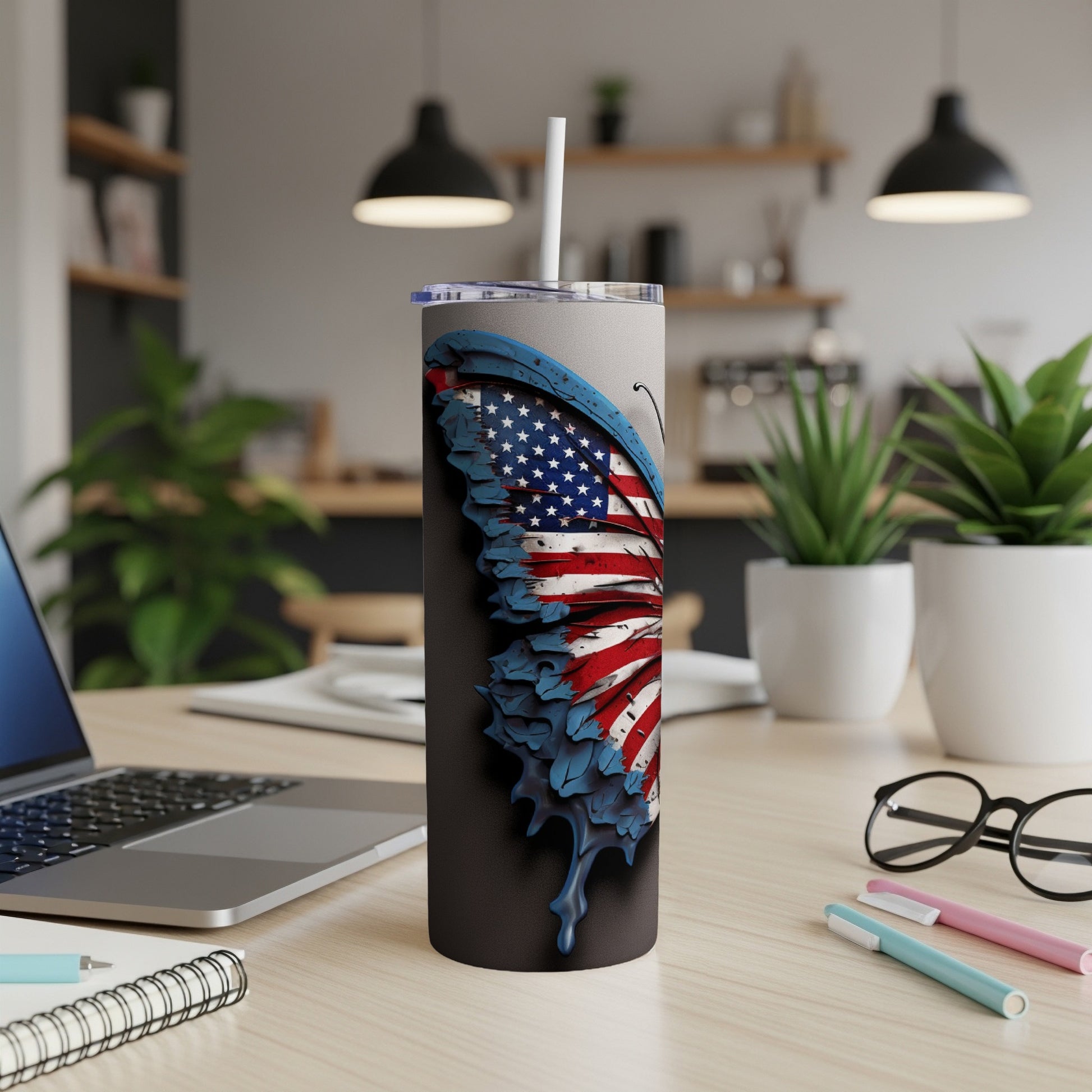 Tumbler with a patriotic American flag butterfly design.