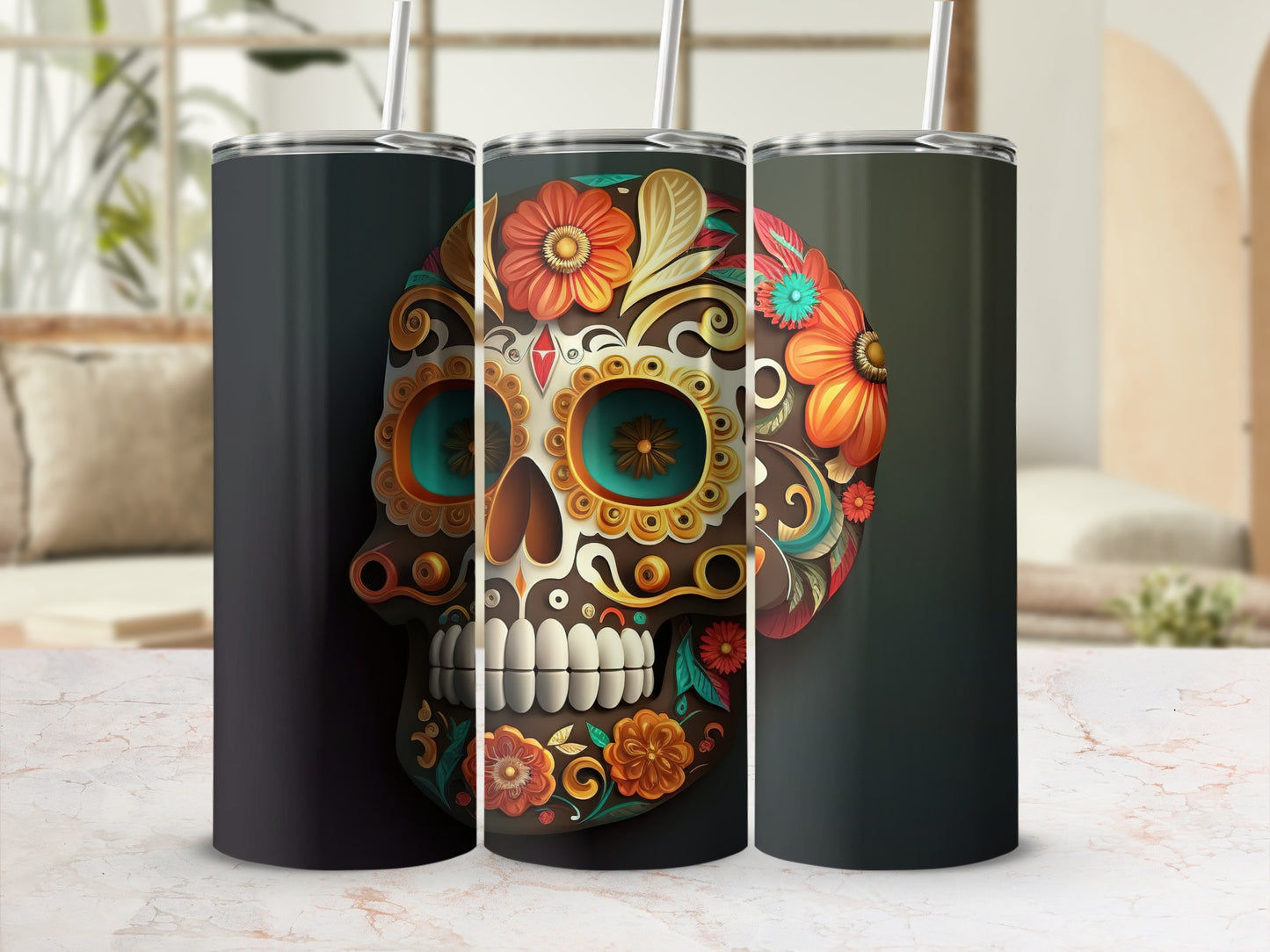 Colorful Skull Design Floral Pattern Tumbler