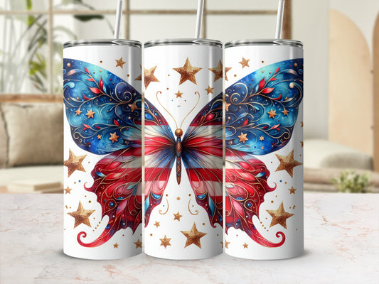 American flag butterfly tumbler with gold stars on a white background.