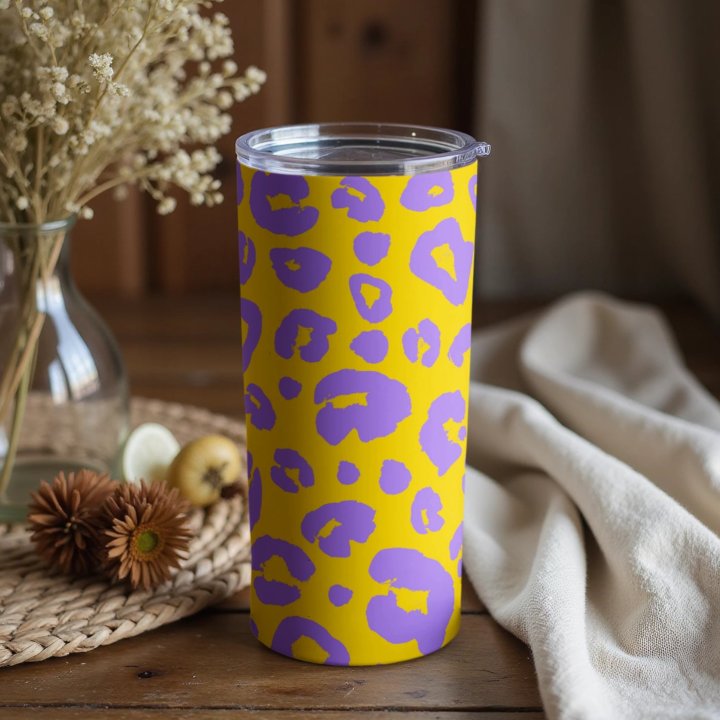 Bright Yellow and Purple Leopard Print Tumbler Cup