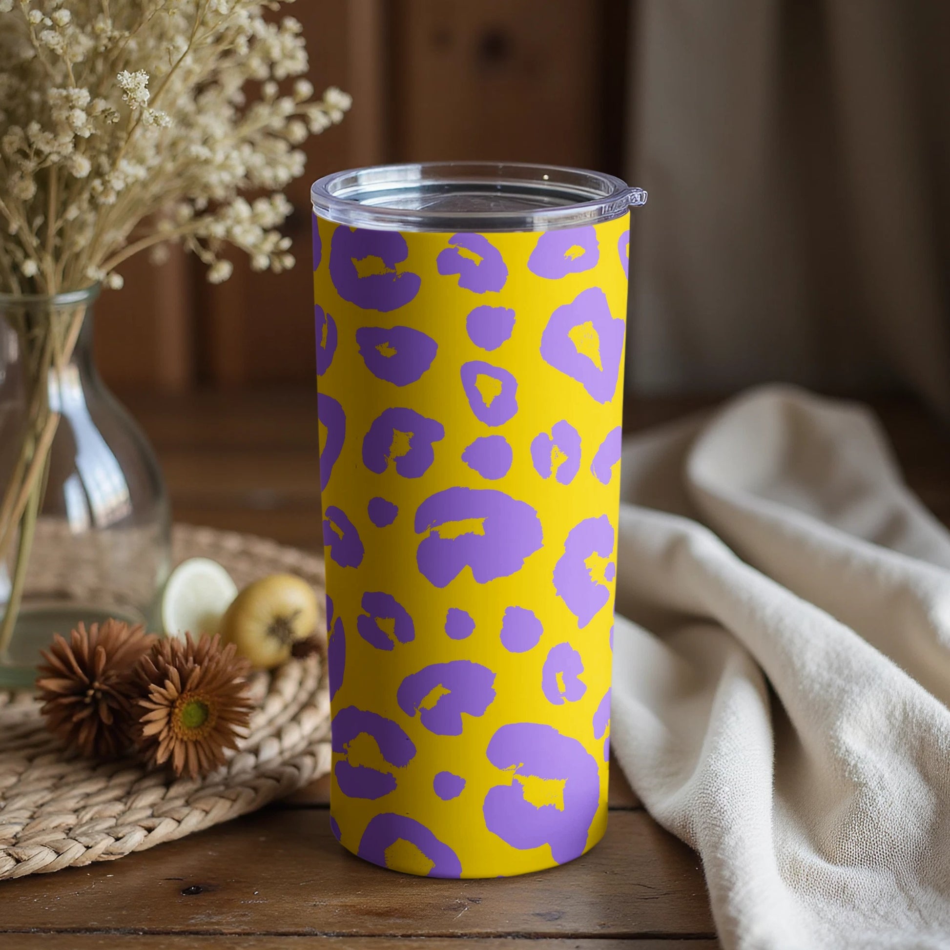 Bright Yellow and Purple Leopard Print Tumbler Cup