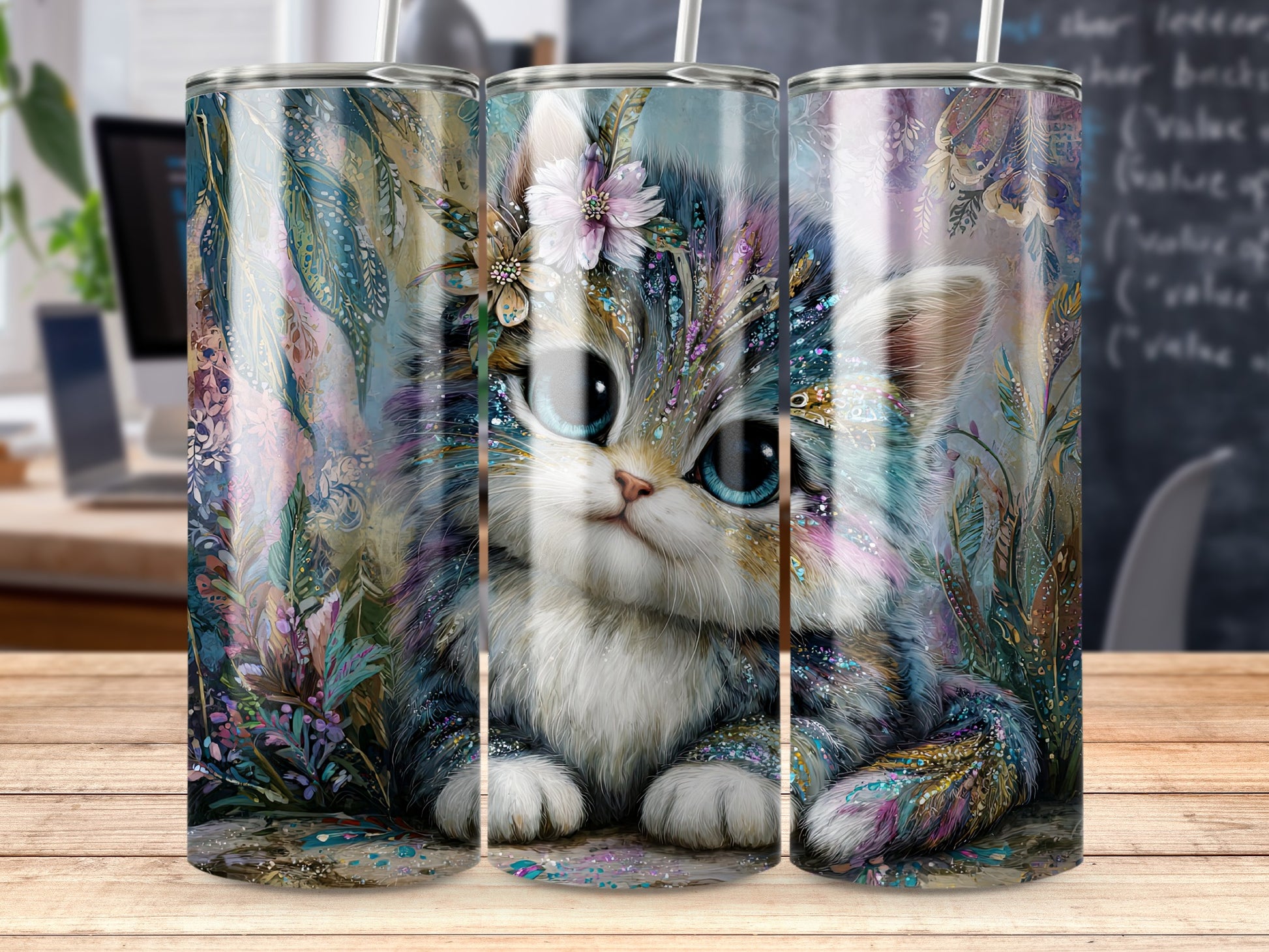 Cute Fantasy Kitten Floral Tumbler with Straw