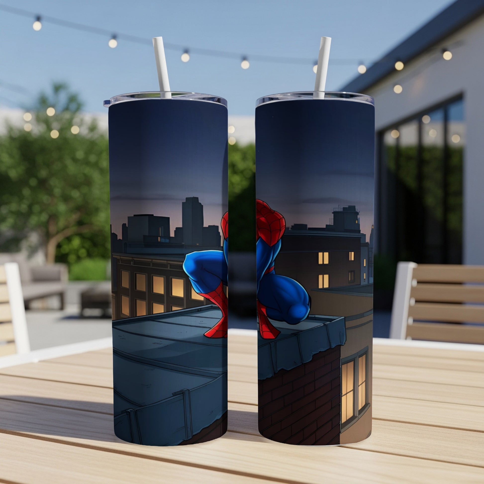 Spider-Man crouches on a rooftop overlooking a cityscape at night.