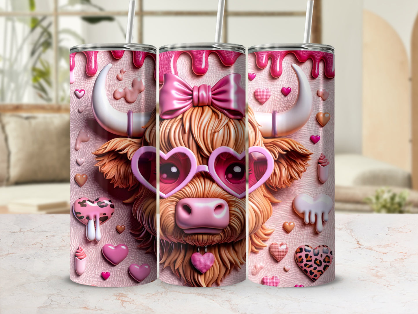 Pink Highland cow tumbler with hearts and bow.