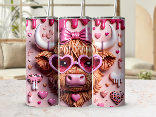 Pink Highland cow tumbler with hearts and bow.