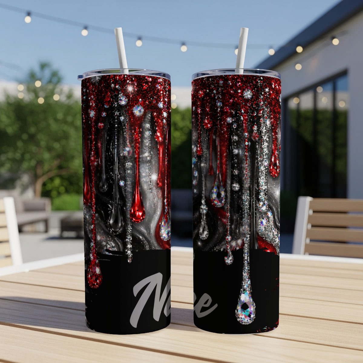 Two tumblers with red glitter, diamonds, and dripping effect, with "Nare" text.