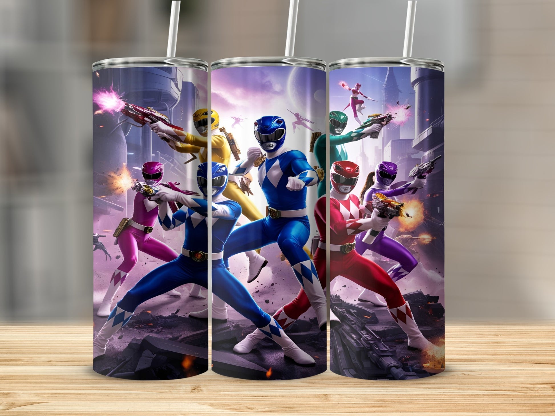 Three Power Rangers in action poses, against a city background.