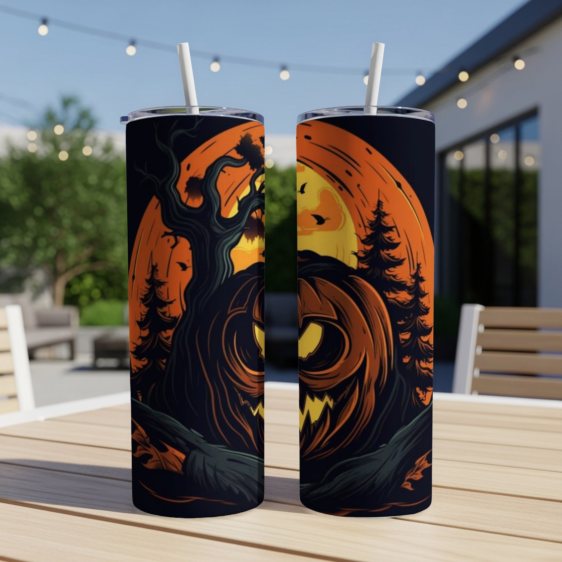 Two Halloween-themed tumblers with spooky jack-o'-lantern and tree designs.