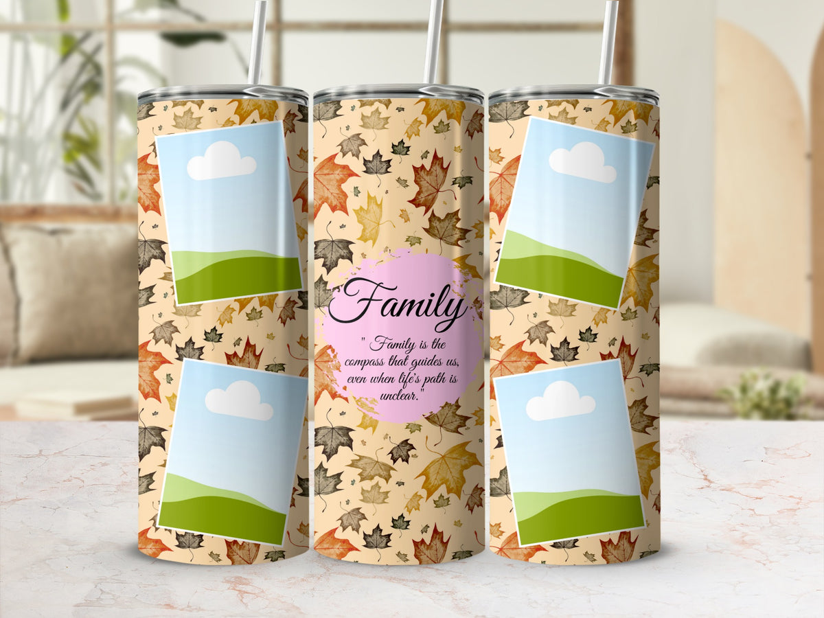 Tumbler with autumn leaves pattern and "Family" quote.