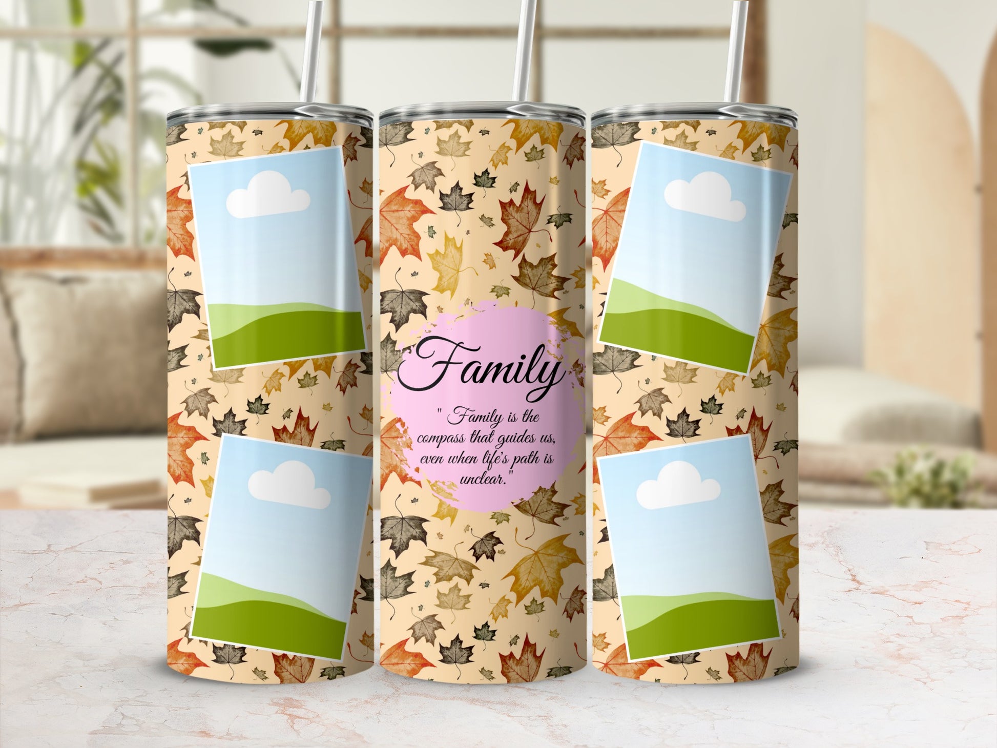 Tumbler with autumn leaves pattern and "Family" quote.