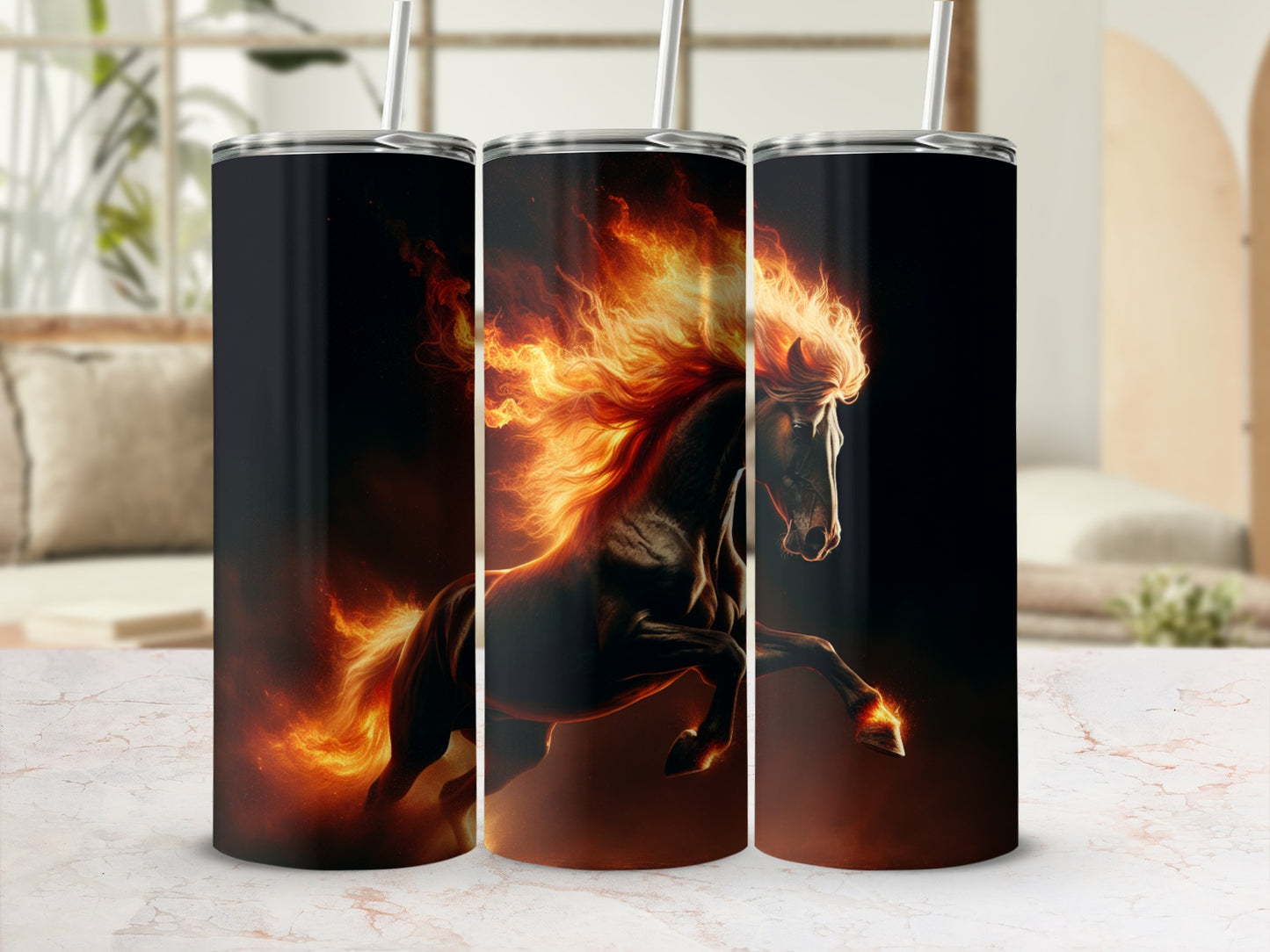 Fiery horse with flaming mane and tail on a dark background.