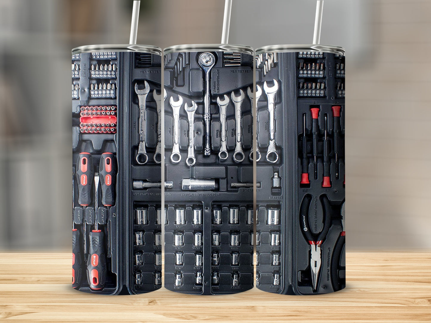 Tumblers with designs of toolkits featuring wrenches, screwdrivers, sockets, and pliers.