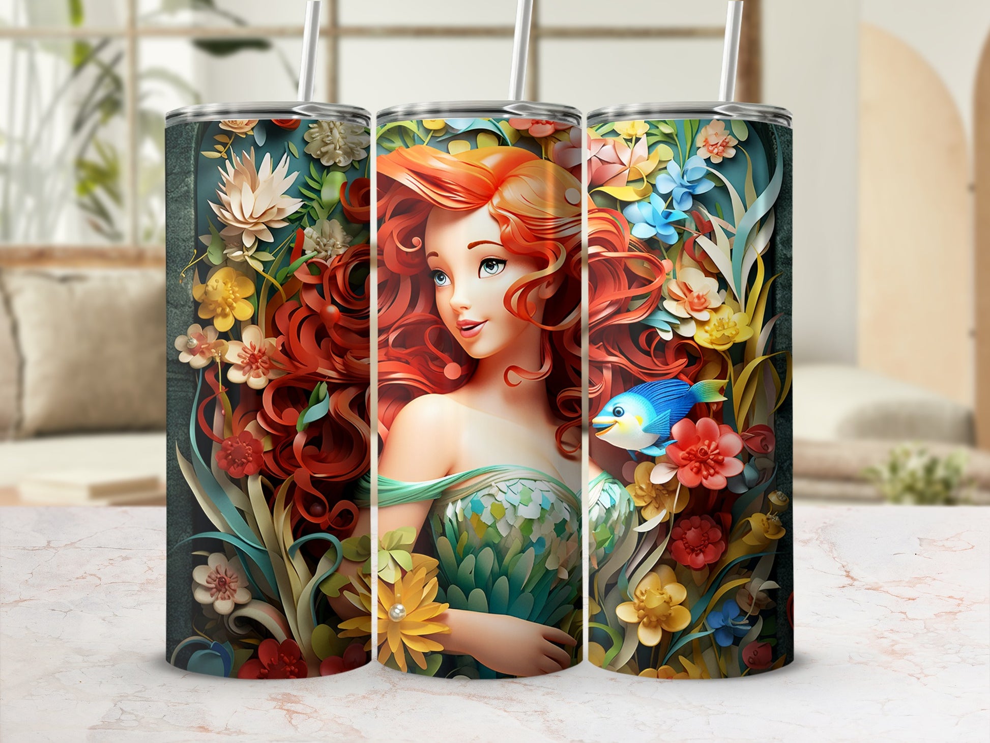 Vibrant Mermaid Scene with Floral Elements Tumbler