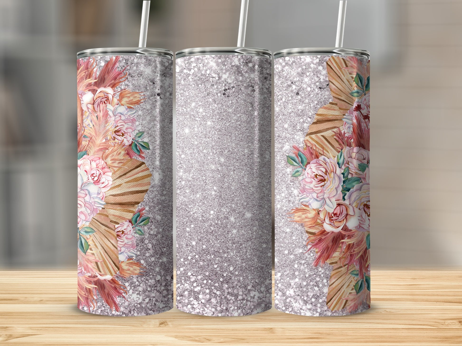 Glitter tumbler with floral and wood grain design.