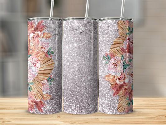 Glitter tumbler with floral and wood grain design.