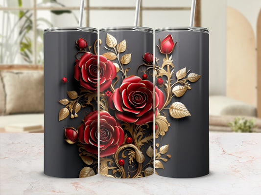 Three dark tumblers with ornate red roses and gold foliage designs.