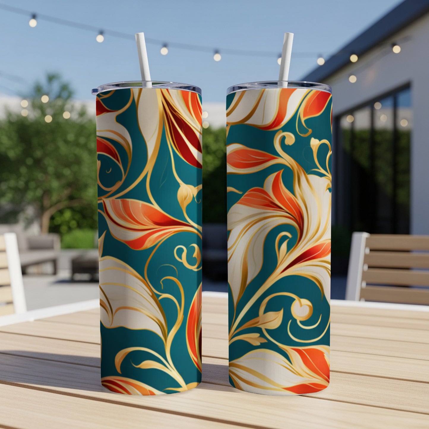 Two teal tumblers with gold and red floral swirl pattern on a wooden table.