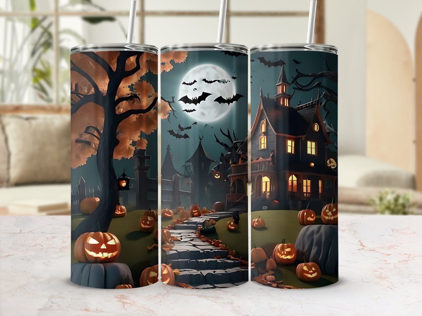 Halloween tumblers with haunted houses, pumpkins, bats, and a full moon.