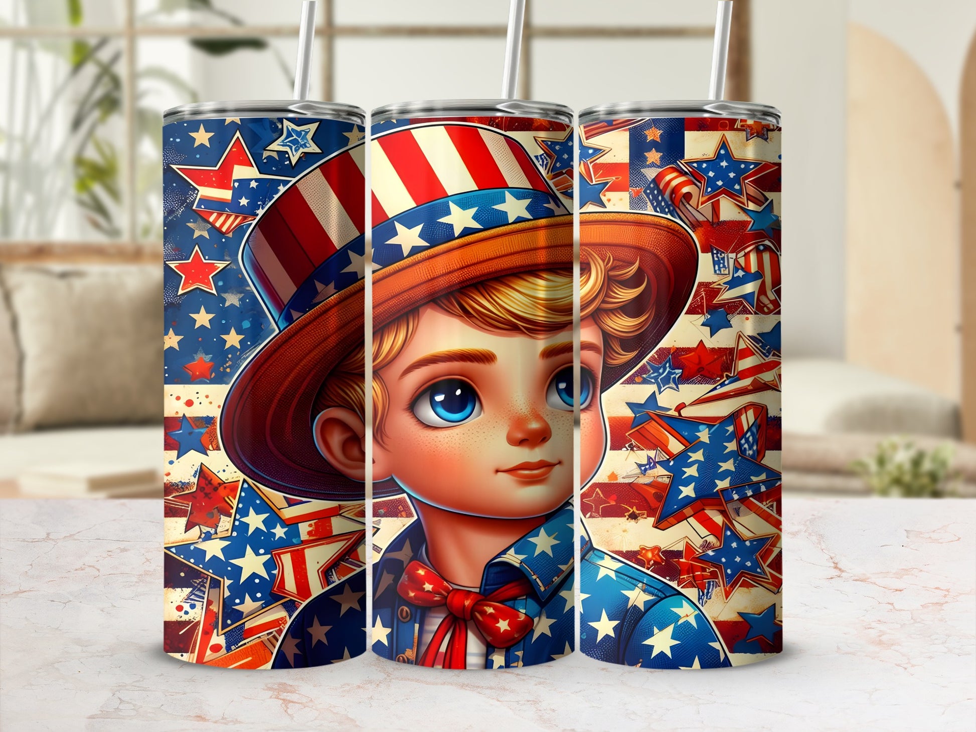 Child in patriotic hat and bowtie with stars and stripes pattern.