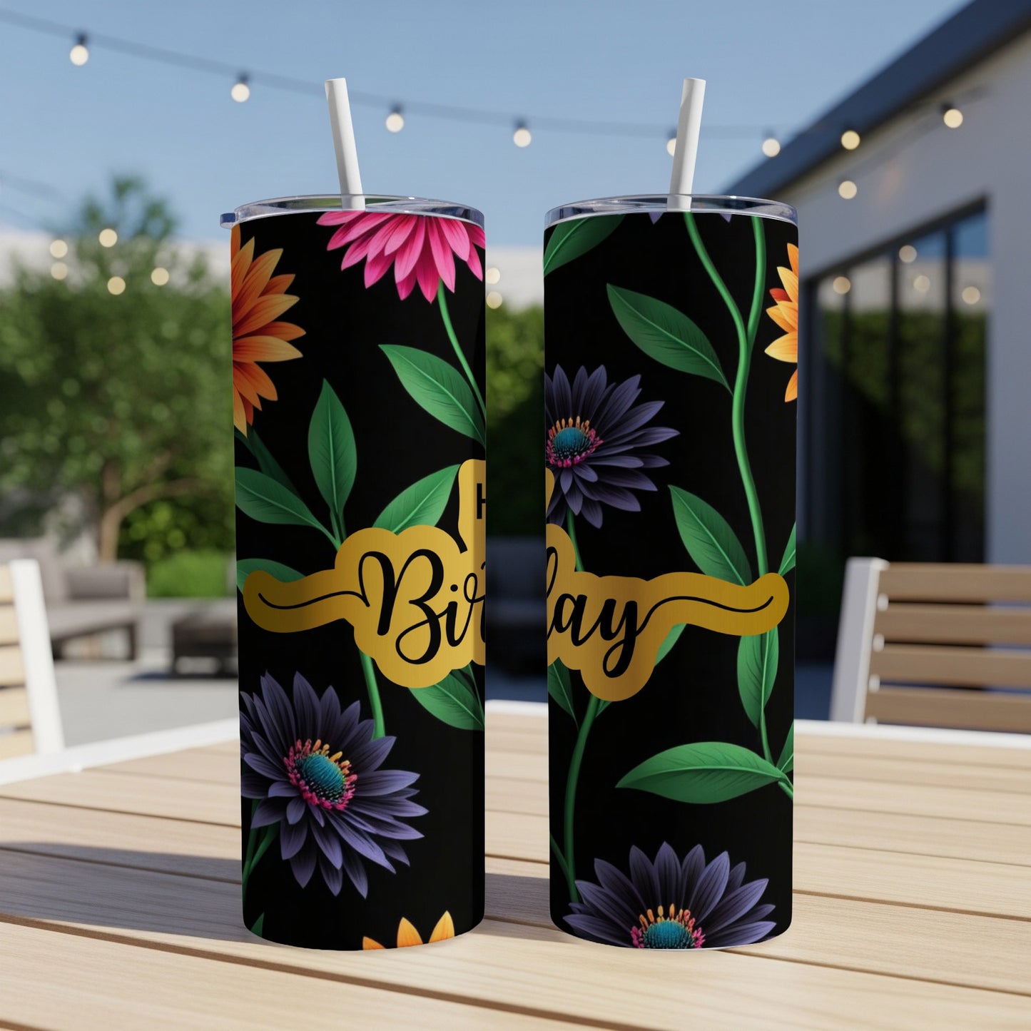 Black tumblers with colorful floral pattern and "Happy Birthday" text.