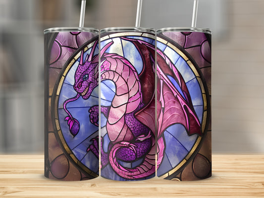 Three tumblers featuring a pink dragon within a stained-glass window design.