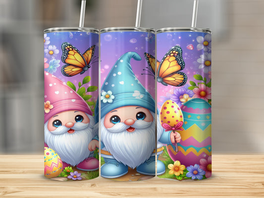 Gnomes with butterflies and Easter eggs, digital art design for tumblers.