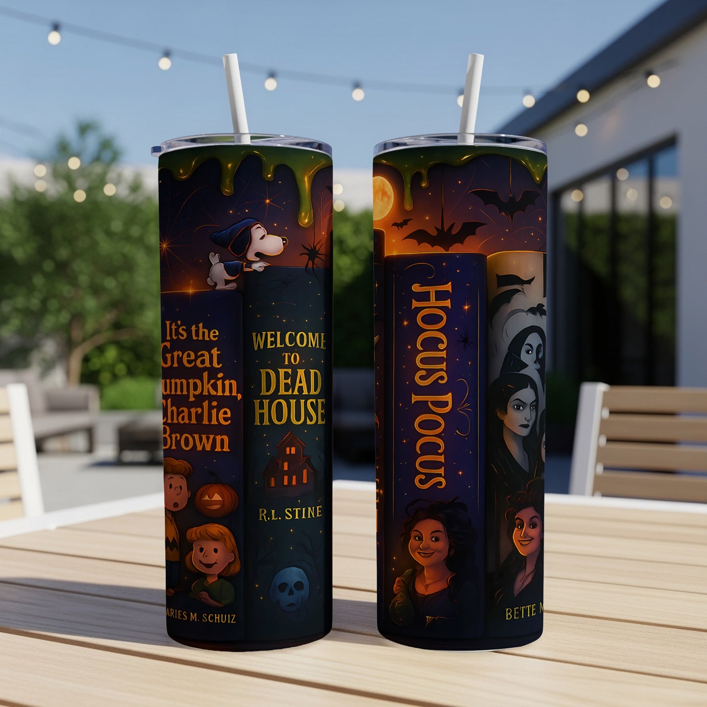 Tumblers with Halloween-themed designs featuring Snoopy, Charlie Brown, and Hocus Pocus characters.