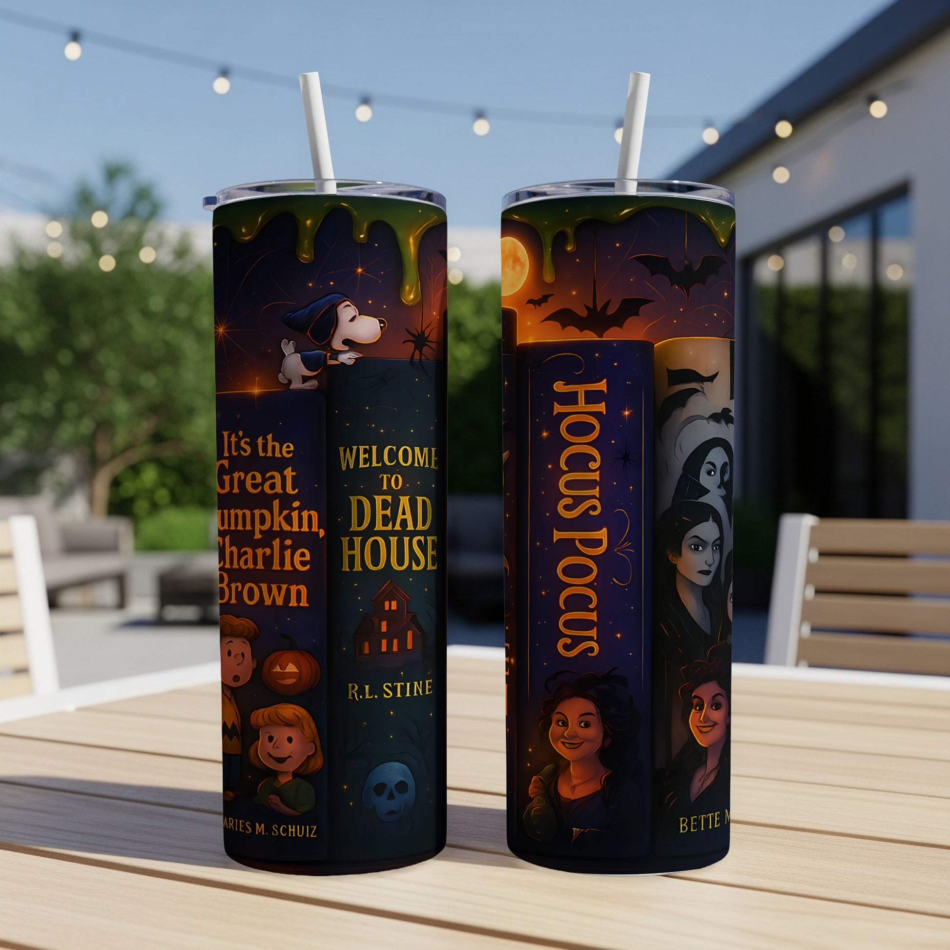 Tumblers with Halloween-themed designs featuring Snoopy, Charlie Brown, and Hocus Pocus characters.