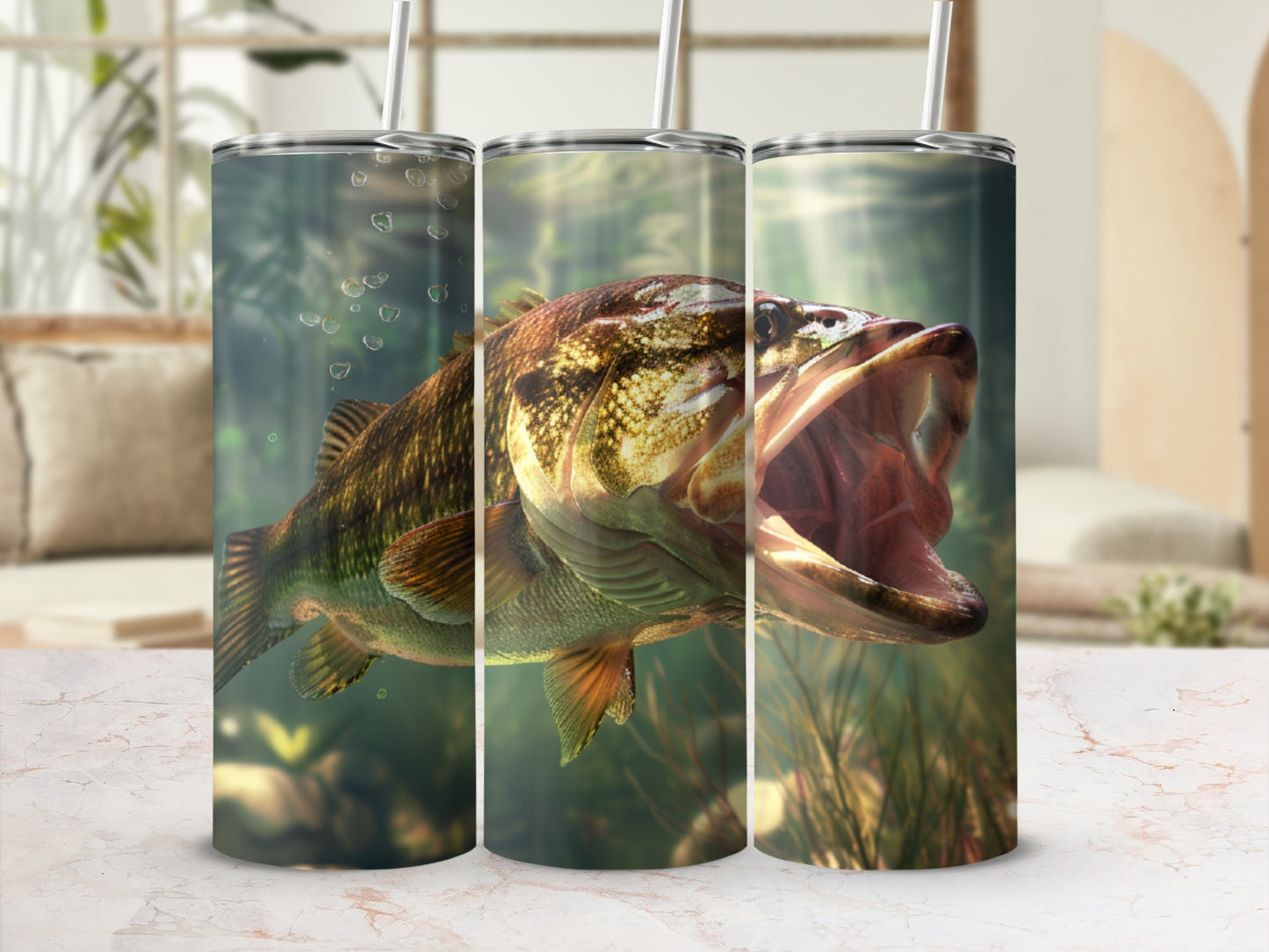 Tumbling bass fish with open mouth, underwater with sunbeams.
