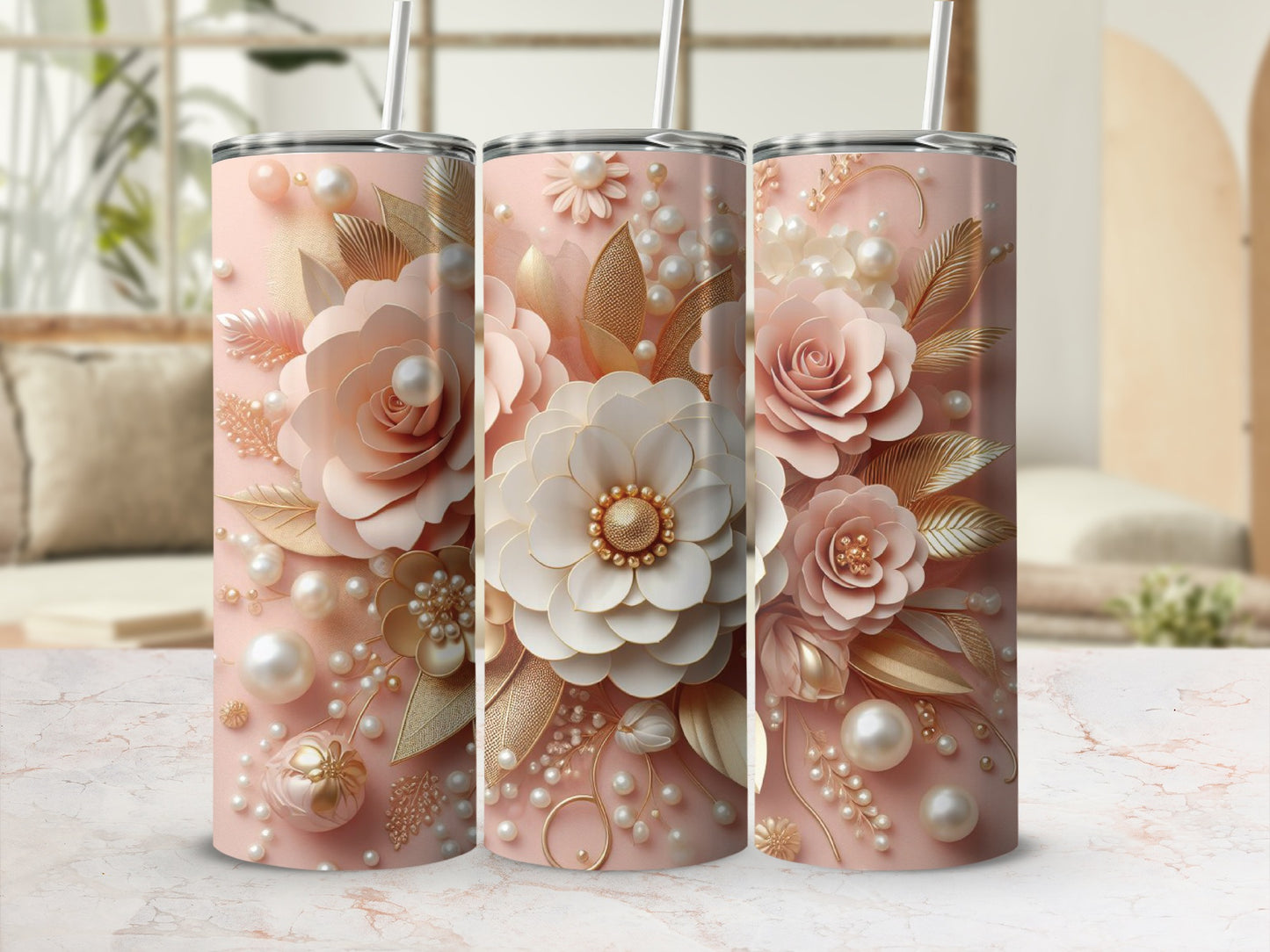 Pink tumbler with pearl and rose floral design.