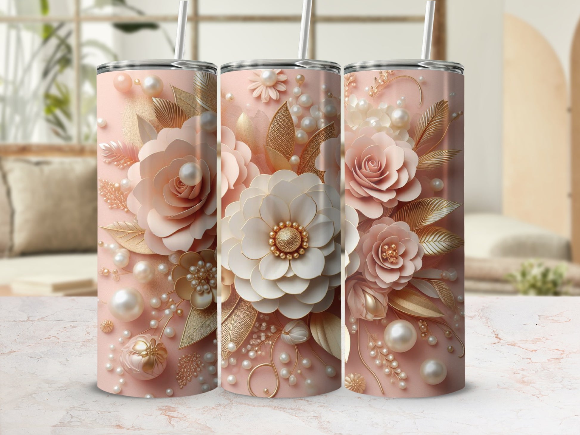 Pink tumbler with pearl and rose floral design.
