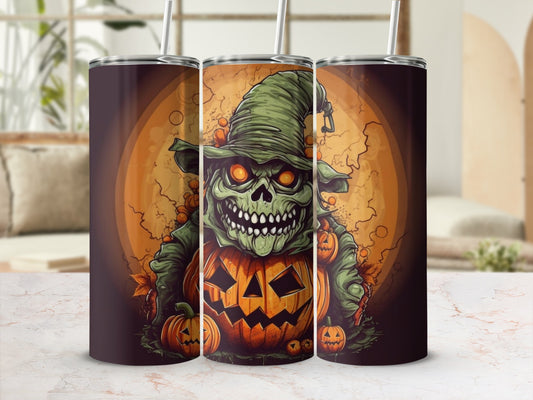 Halloween tumbler with a scary zombie and pumpkins on a full moon background.