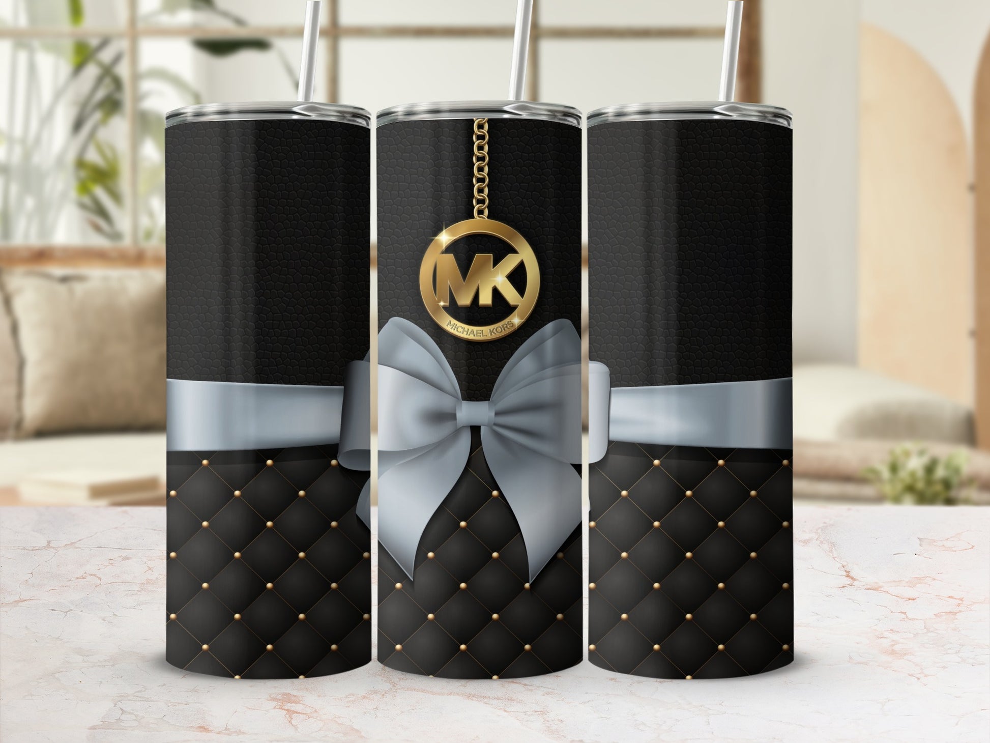 Luxurious Black and Gold Quilted Tumbler with Bow Design