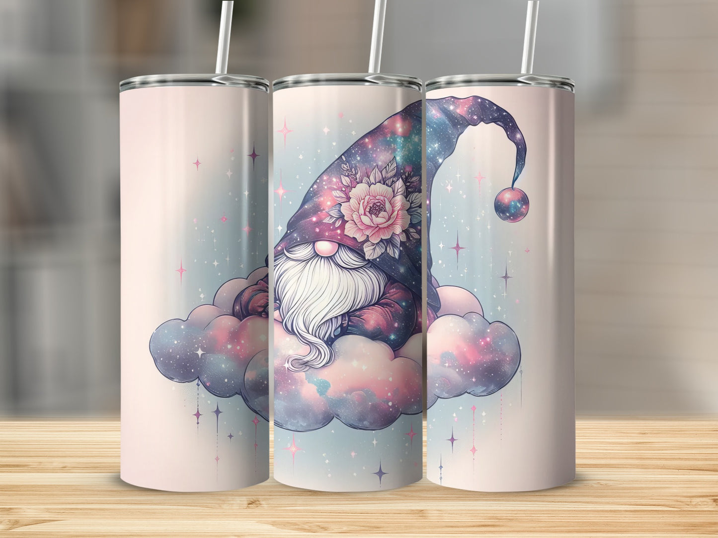 Gnome wearing a floral hat sits on a pastel cloud background.