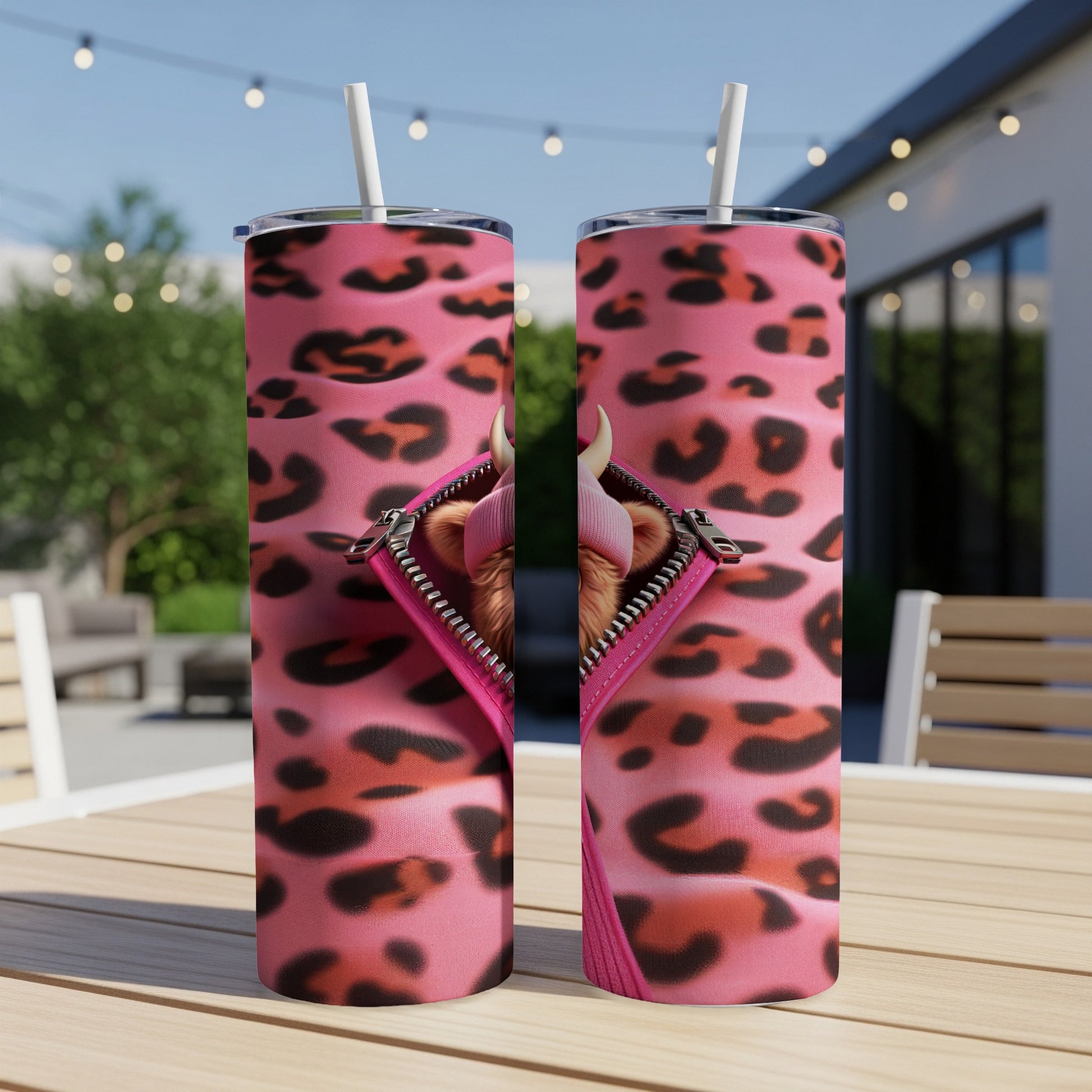 Pink leopard print tumbler with partially unzipped front revealing a cat's head.