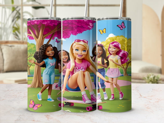 Barbie dolls skateboarding and playing outdoors with butterflies.