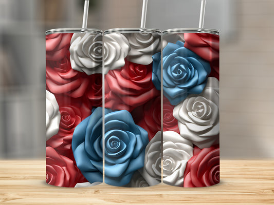 Three tumblers decorated with red, white, and blue roses.