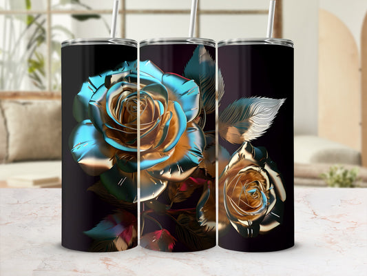 Three tall tumblers with a metallic rose and leaf design on a dark background.