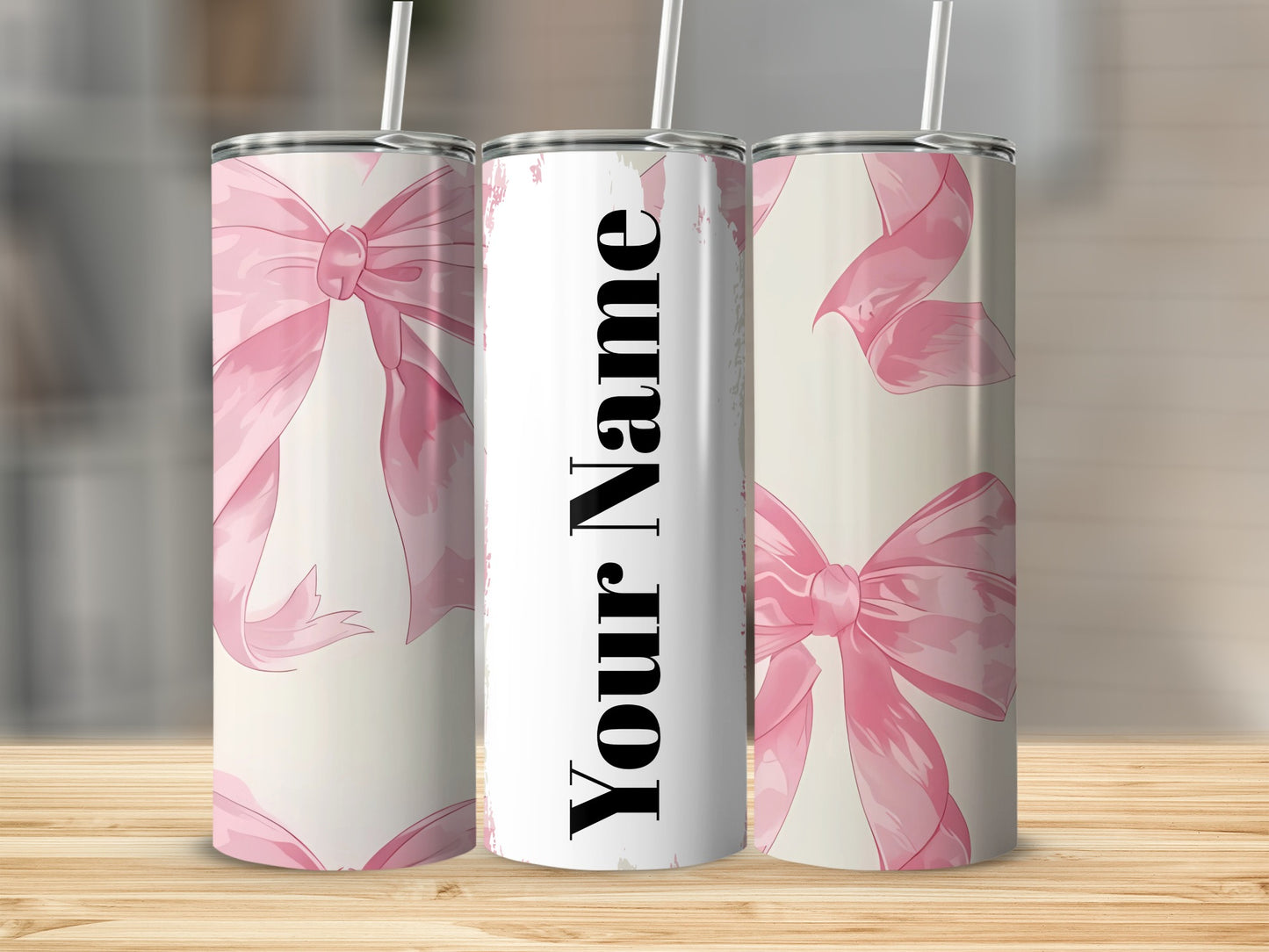 Personalized Pink Bow Design Tumbler with Straw