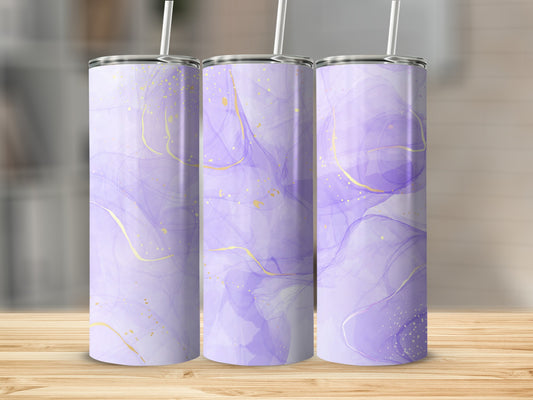 Three tumblers with abstract purple watercolor and gold marble designs.