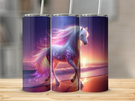 White unicorn with rainbow mane running on a beach at sunset.