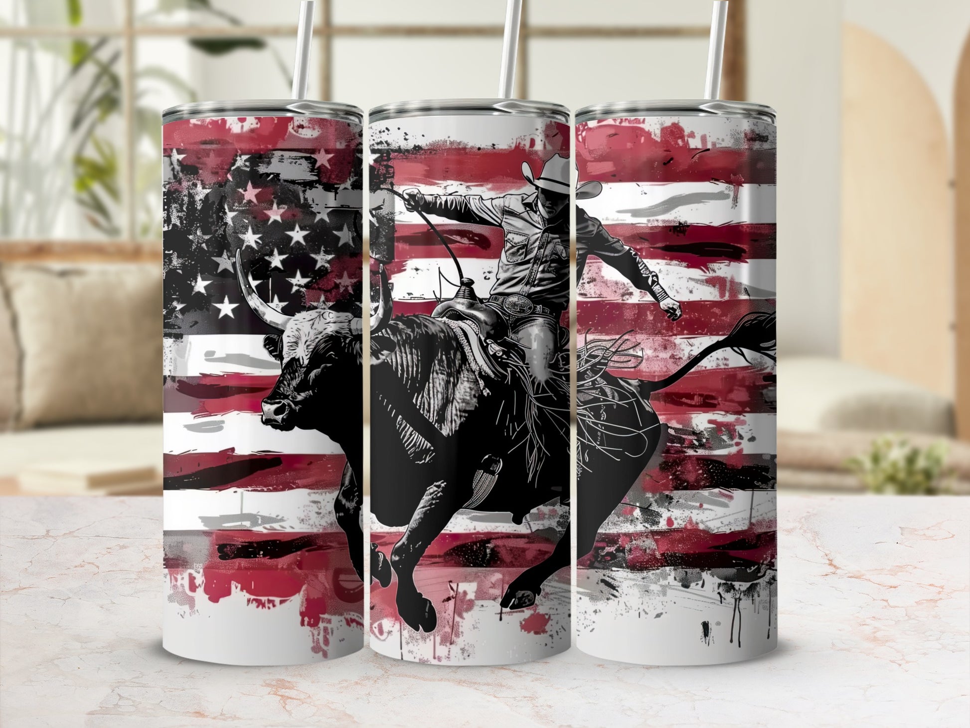 American flag grunge tumbler with cowboy riding a bull.