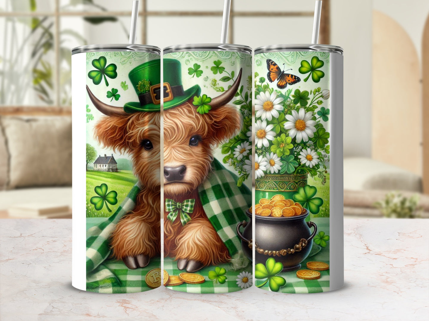 Highland cow in a leprechaun hat, shamrocks, and a pot of gold.