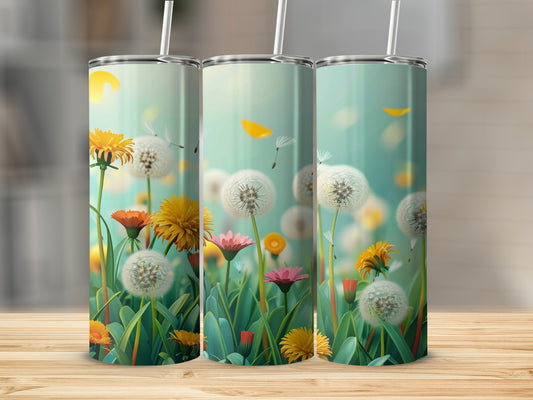 Three tumblers with dandelion and floral meadow print on a wooden surface.